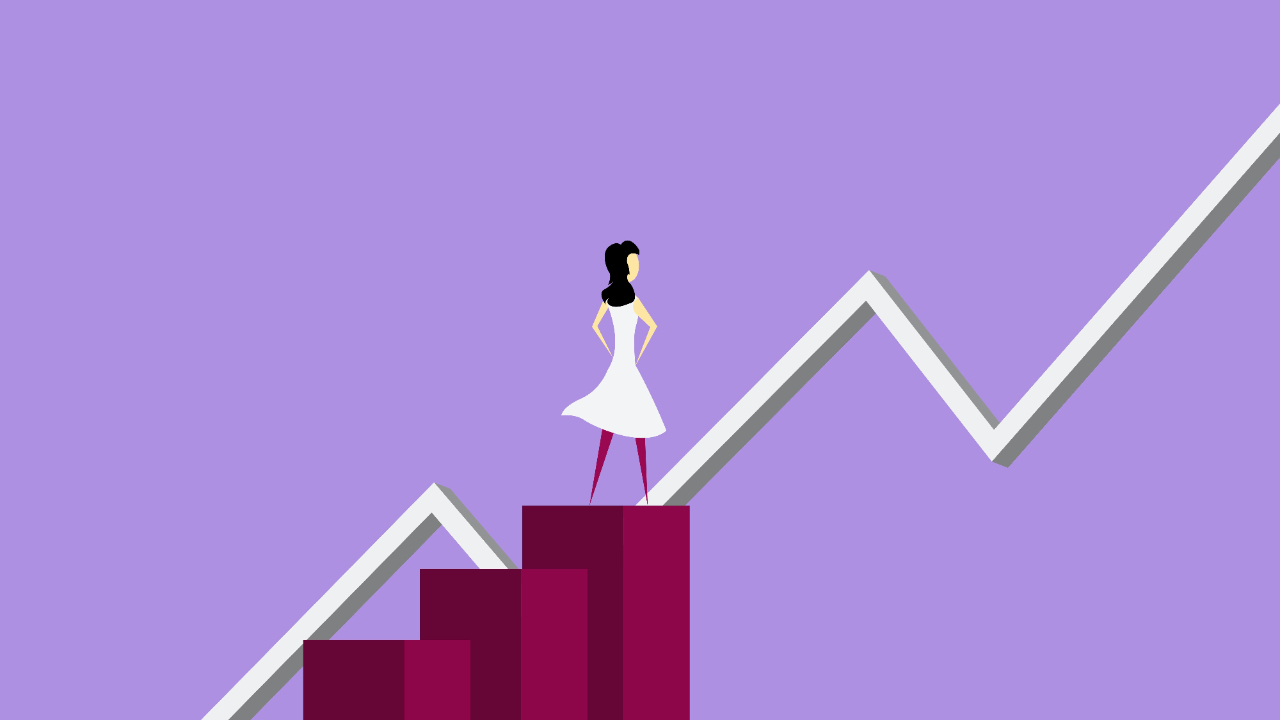 An illustration on a purple background showing a female figure standing on top of three blocks looking at a white line which increases in height